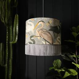 Grey Bird Song Heron Lampshade With Gold Lining & Fringing. Handmade To Order in 3 Sizes - thumbnail 3