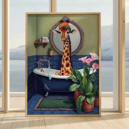 Funny Giraffe in Bathtub Print Floral Bathroom Wall Art - thumbnail 1