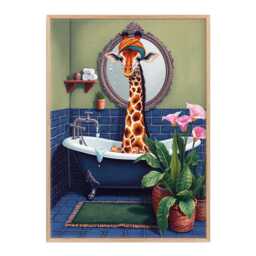 Funny Giraffe in Bathtub Print Floral Bathroom Wall Art - thumbnail 3