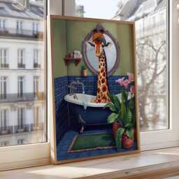 Funny Giraffe in Bathtub Print Floral Bathroom Wall Art - thumbnail 2