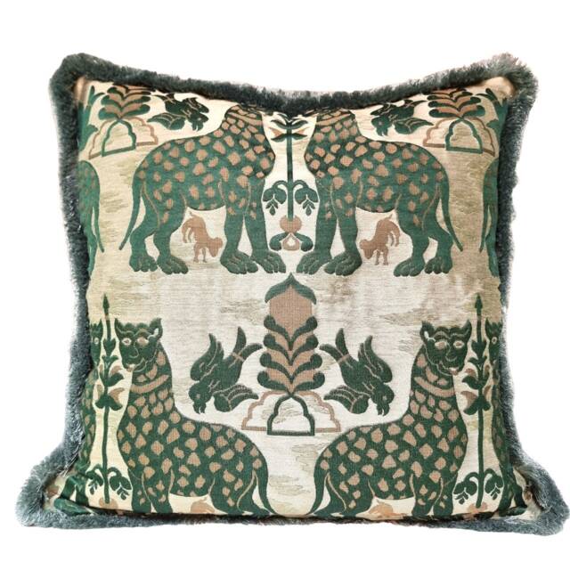 Decorative Throw Pillow Case With Brush Fringe Emerald Green Silk Broccatelle Luigi Bevilacqua Fabric Fiere Pattern - Handmade in Italy - image 1