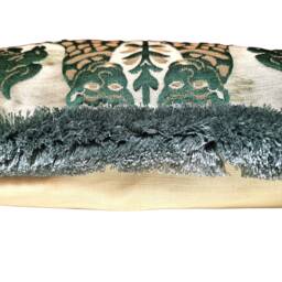 Decorative Throw Pillow Case With Brush Fringe Emerald Green Silk Broccatelle Luigi Bevilacqua Fabric Fiere Pattern - Handmade in Italy - thumbnail 2