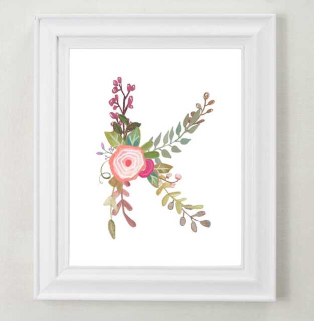 Floral Letter K Art Print - Hand Painted Nursery Decor - image 1