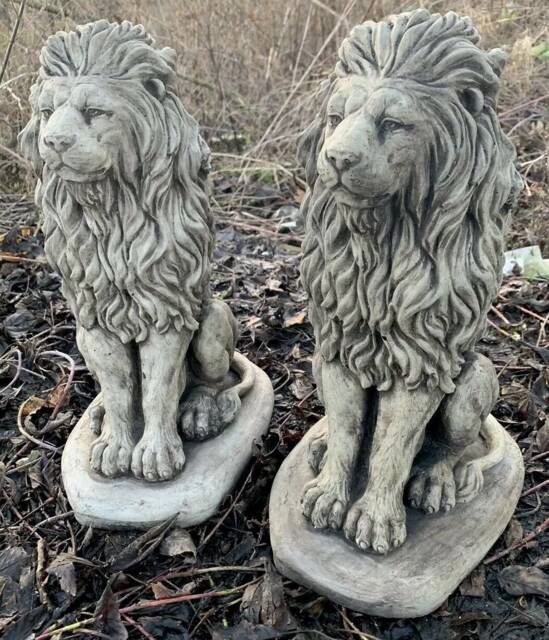 Stone Garden Pair Of Proud Lion On Base Statue Pillar Cap Detailed Gift Ornament - image 1