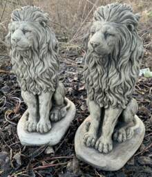 Stone Garden Pair Of Proud Lion On Base Statue Pillar Cap Detailed Gift Ornament - thumbnail 1