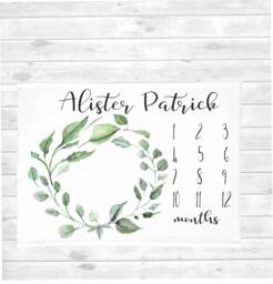 Baby Boy Milestone Blanket - Personalized Baby Boy Blanket - Green Wreath Shower Gift - Minky Monthly Blanket - thumbnail 1