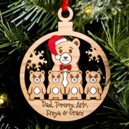 Single Dad Family Christmas Tree Decoration, Bears, Personalised Engraved Bauble, Lone Parent Ornament, 4 Children Kids Son Daughter Daddy - thumbnail 2