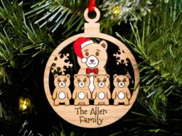 Single Dad Family Christmas Tree Decoration, Bears, Personalised Engraved Bauble, Lone Parent Ornament, 4 Children Kids Son Daughter Daddy