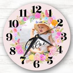 Girls Room Floral Wreath Photo Frame Personalised Gift Clock - thumbnail 1
