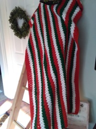 Crochet Christmas Throw, Red, Green & White Blanket, Holiday Striped Throw - thumbnail 1
