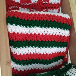 Crochet Christmas Throw, Red, Green & White Blanket, Holiday Striped Throw - thumbnail 3