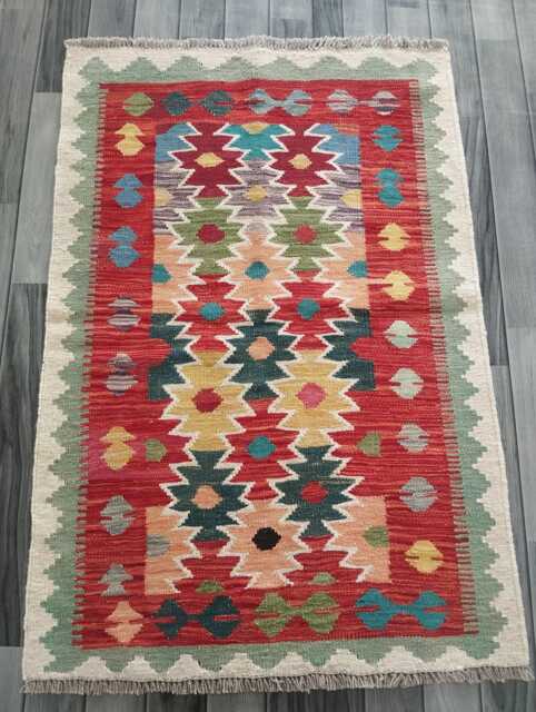 Kilim Rug Afghan, Handmade Artisan Multicolour Turkish Persian Rug, Navajo Moroccan Bohemian Flatweave, Natural Wool Dhurrie 123x83 cm - image 1