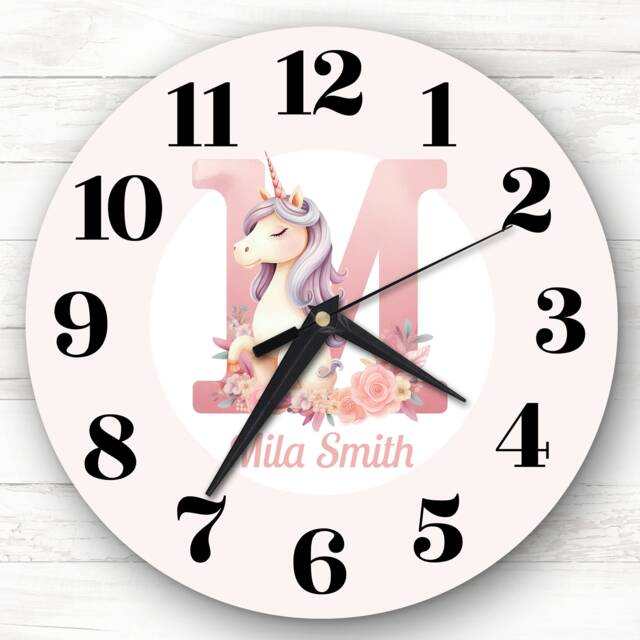 Pink Unicorn Alphabet Letter M Personalised Gift Clock - image 1