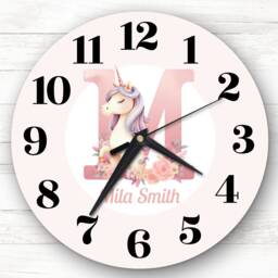 Pink Unicorn Alphabet Letter M Personalised Gift Clock