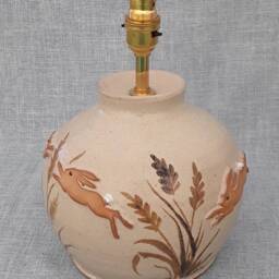 Table Lamp, Handthrown Stoneware Ceramic Pottery, Decorated With Leaping Hares. Quality Brass Fitting - thumbnail 2