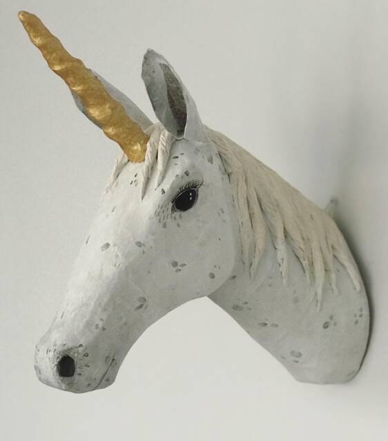 Paper Mache Unicorn Sculpture, Faux Taxidermy Wall Decor - image 1