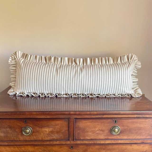 Handmade Beige Stripe Lumbar Cushion Cover, Ruffled Bolster Pillow, Country Home Decor - image 1