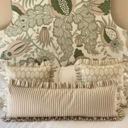 Handmade Beige Stripe Lumbar Cushion Cover, Ruffled Bolster Pillow, Country Home Decor - thumbnail 3