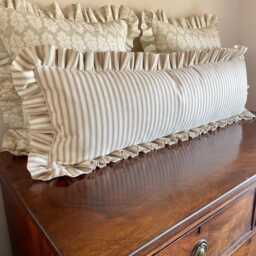 Handmade Beige Stripe Lumbar Cushion Cover, Ruffled Bolster Pillow, Country Home Decor - thumbnail 4