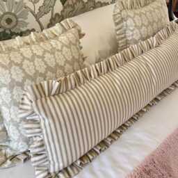 Handmade Beige Stripe Lumbar Cushion Cover, Ruffled Bolster Pillow, Country Home Decor - thumbnail 2