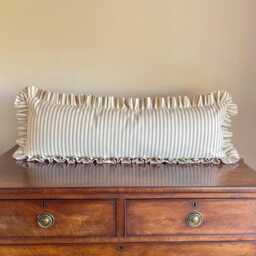 Handmade Beige Stripe Lumbar Cushion Cover, Ruffled Bolster Pillow, Country Home Decor - thumbnail 1