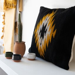 Zapotec Pillow, Bohemian Decorative Cushion Pillow Throw Pillow Mexican Handmade Black & Yellow Accent 50x50cm - thumbnail 2