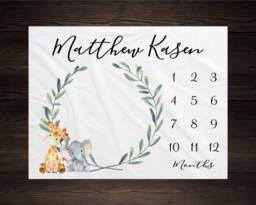 Safari Milestone Blanket Monthly Growth Tracker Soft Fleece Giraffe Elephant Baby Shower Gift Newborn Watch Me Grow Boy - thumbnail 1