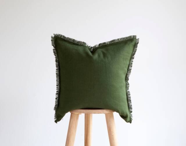 Moss Green Pillow Case, Fringed Pillow Cover, Handmade Green Home Decor - Custom Sized - image 1