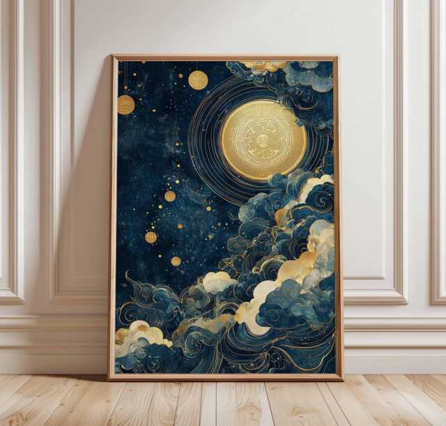 Golden Moon Cloud Poster, Abstract Night Sky Art, Blue & Gold Celestial Print, Cosmic Landscape, Starry Wall Decor, Moonlight Art - image 1