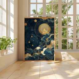 Golden Moon Cloud Poster, Abstract Night Sky Art, Blue & Gold Celestial Print, Cosmic Landscape, Starry Wall Decor, Moonlight Art - thumbnail 3