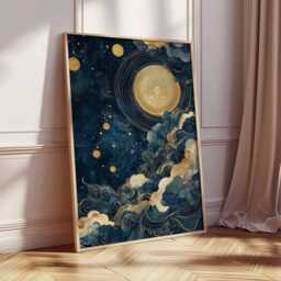 Golden Moon Cloud Poster, Abstract Night Sky Art, Blue & Gold Celestial Print, Cosmic Landscape, Starry Wall Decor, Moonlight Art - thumbnail 2