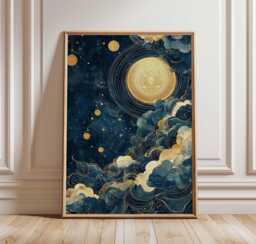 Golden Moon Cloud Poster, Abstract Night Sky Art, Blue & Gold Celestial Print, Cosmic Landscape, Starry Wall Decor, Moonlight Art - thumbnail 1