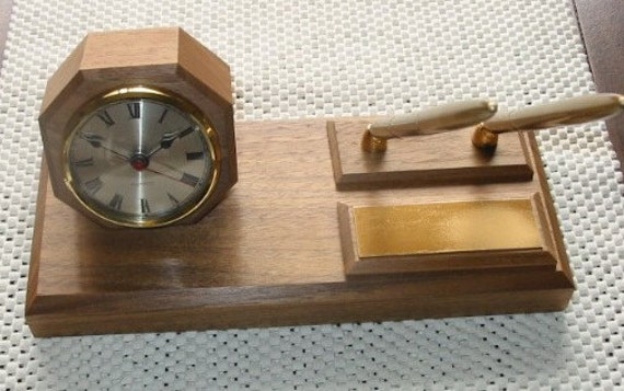 Solid Black Walnut Executive Desk Clock With Brass Penset/Nameplate - image 1