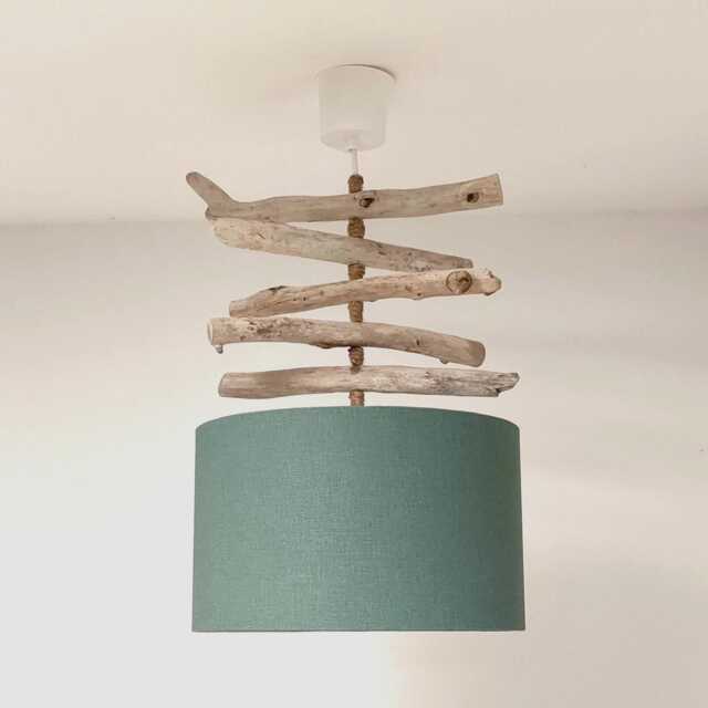 Driftwood Chandelier With Khaki Green Lampshade, Handcrafted Natural Pendant Light, Boho Country Chic Lighting, French Made, Gift Idea - image 1