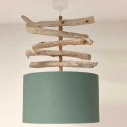 Driftwood Chandelier With Khaki Green Lampshade, Handcrafted Natural Pendant Light, Boho Country Chic Lighting, French Made, Gift Idea - thumbnail 2