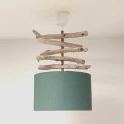 Driftwood Chandelier With Khaki Green Lampshade, Handcrafted Natural Pendant Light, Boho Country Chic Lighting, French Made, Gift Idea