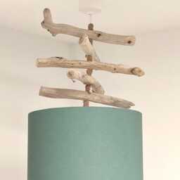 Driftwood Chandelier With Khaki Green Lampshade, Handcrafted Natural Pendant Light, Boho Country Chic Lighting, French Made, Gift Idea - thumbnail 3