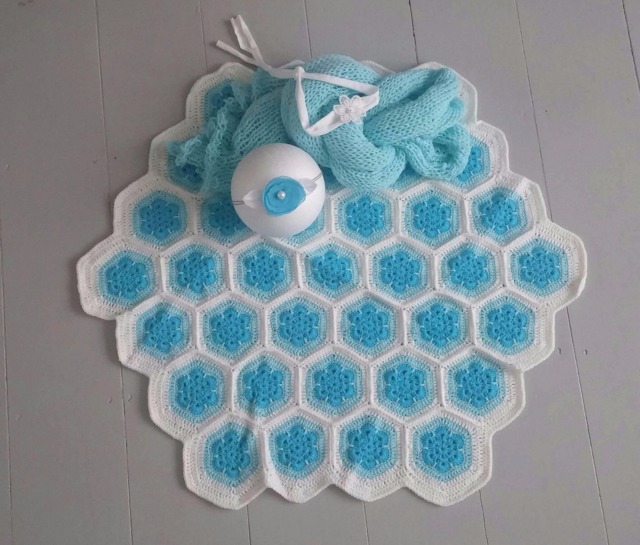 Ooak Rts Baby Crocheted Blanket in White, Blue & Turquoise, Baby Knit Wrap Two Tiebacks Set/Handmade & Unique/ Photo Prop - image 1