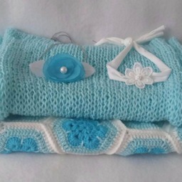 Ooak Rts Baby Crocheted Blanket in White, Blue & Turquoise, Baby Knit Wrap Two Tiebacks Set/Handmade & Unique/ Photo Prop - thumbnail 2