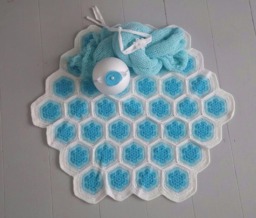 Ooak Rts Baby Crocheted Blanket in White, Blue & Turquoise, Baby Knit Wrap Two Tiebacks Set/Handmade & Unique/ Photo Prop - thumbnail 1