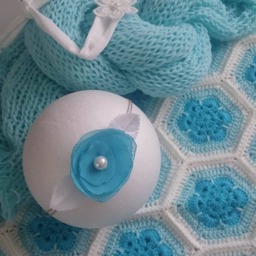 Ooak Rts Baby Crocheted Blanket in White, Blue & Turquoise, Baby Knit Wrap Two Tiebacks Set/Handmade & Unique/ Photo Prop - thumbnail 3