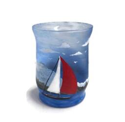 Hand Painted Sailboat Glass Candle Holder - thumbnail 1