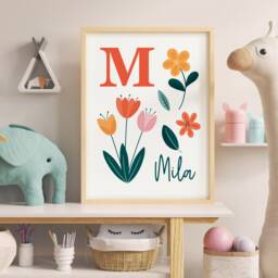 Personalised Floral Name Print - Flower Art For Kids' Bedroom Girls Room Wall Decor Bold Bloom Botanical With - thumbnail 1