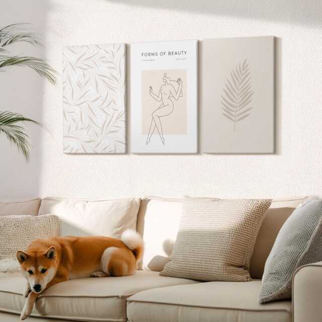 Canvas Set Of 3 Wall Art - Minimalist Botanical Design Motifs, Beige Picture Print, Plants & Flowers Decor - image 1