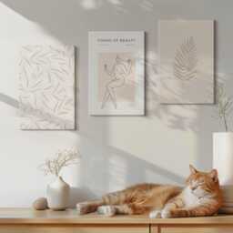 Canvas Set Of 3 Wall Art - Minimalist Botanical Design Motifs, Beige Picture Print, Plants & Flowers Decor - thumbnail 3