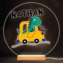 Cute Dinosaur Driving Car Colourful Round Personalised Gift Led Lamp Night Light - Bedroom - thumbnail 1