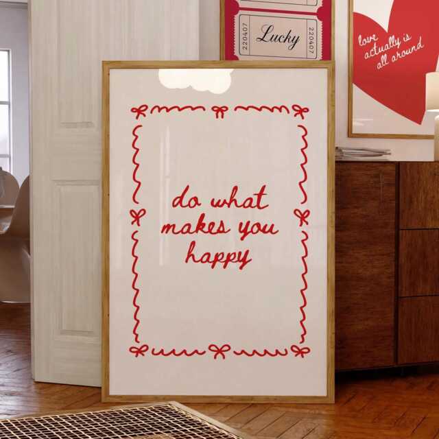 Do What Makes You Happy Print, Red & White Wall Art, Motivational Quote Poster, Cute Bows Aesthetic Girly Bedroom Decor - image 1