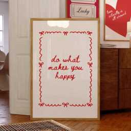 Do What Makes You Happy Print, Red & White Wall Art, Motivational Quote Poster, Cute Bows Aesthetic Girly Bedroom Decor - thumbnail 1