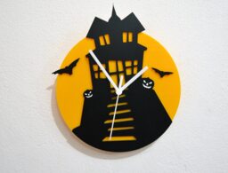 Halloween Mansion With Bats - Black & Yellow Silhouette Wall Clock - thumbnail 1