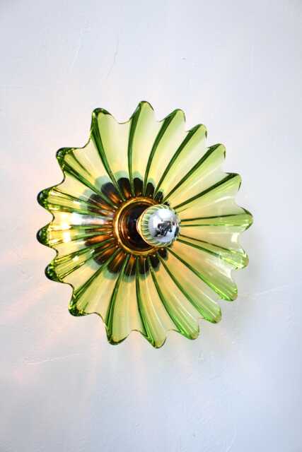 Green Flush Mount Sconce Or Ceiling Lighting Fixture, Upcycled Vintage Federal Glass Celestial Limelight Starburst Bowl Lamp Shade - image 1